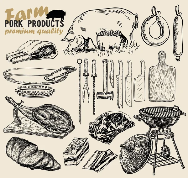 猪肉肉拼贴画 肉制品一套手绘矢量草图 — 图库矢量图片