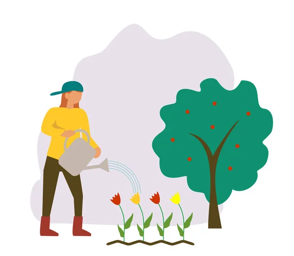 Woman Watering Flowers Watering Can His Garden Flat Design Vector — Stock Vector