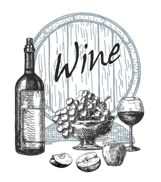 Eskiz tarzında şarap yapımı ürünleri. Şarap fıçısı, cam, üzüm, üzüm dalı olan vektör çizimi. Klasik alkolik içkisi.
