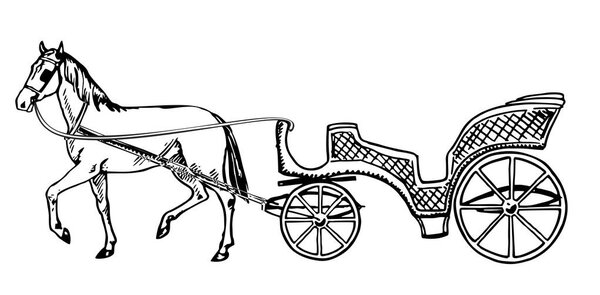 Vector illustration of vintage coach on white background. Horse carriage isolated on white background. vintage carriage silhouette with horse. Can use for birthday card, wedding invitations
