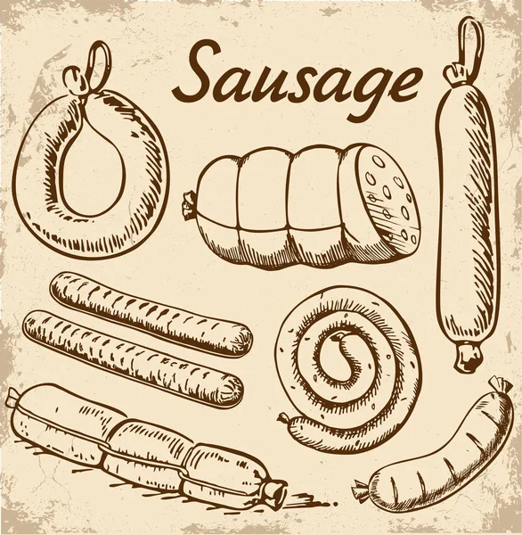 Juego Bocetos Con Salchicha Salami Salchicha Casera Ilustración Alimentos Productos — Archivo Imágenes Vectoriales