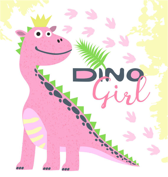 Dino girl color hand drawn vector character. Cute dinosaur with crown. Girl power concept. Cute dinosaur. Isolated cartoon illustration for kids game, book, t-shirt, textile