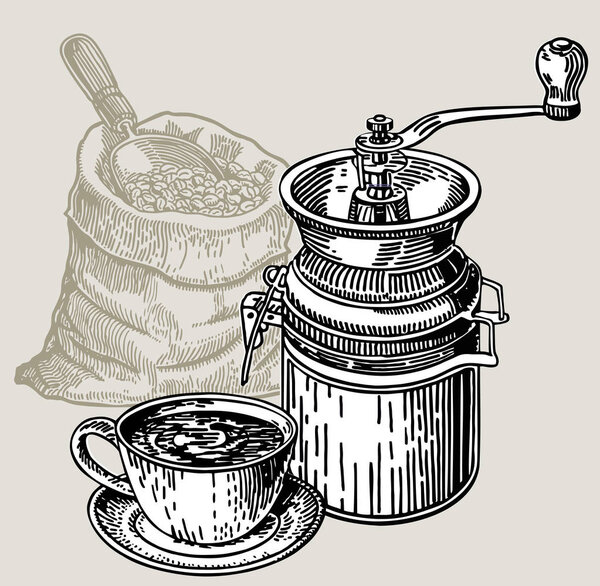 Coffee mill, a bag of coffee and a coffee cup. An ink drawing. Hand drawn vintage coffee background. 