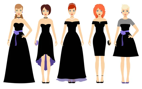 Las Mujeres Jóvenes Diferentes Vestidos Negros Ilustración Vectorial Retrato Modelo — Vector de stock