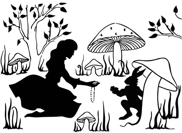 Alice Wonderland Alice Het Witte Konijn Tekeninkt Vector Isoleren — Stockvector