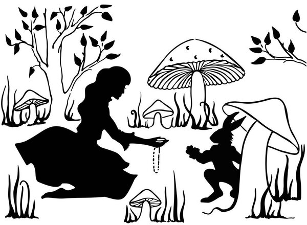 Alice in Wonderland. Alice and the White Rabbit. Drawing ink. Vector, Isolate