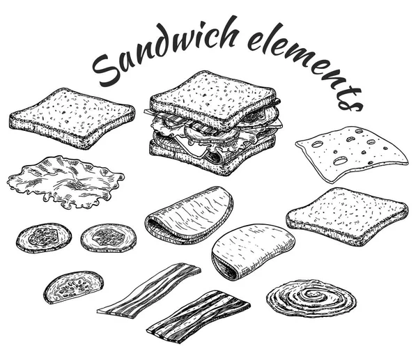 Schets Van Sandwich Hand Getekende Illustratie Geconverteerd Naar Vector Ingrediënten — Stockvector