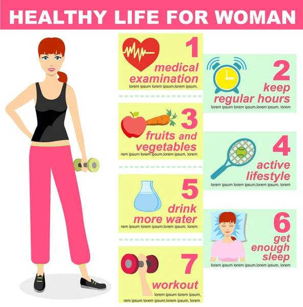 Woman Healthy Lifestyle Infographics Diet Food Positive Living Healthy Girl — Stock Vector