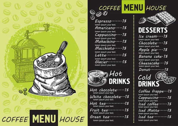 Coffee Menu Food Restaurant Brochure Coffee Shop Template Design Vintage — Stock Vector