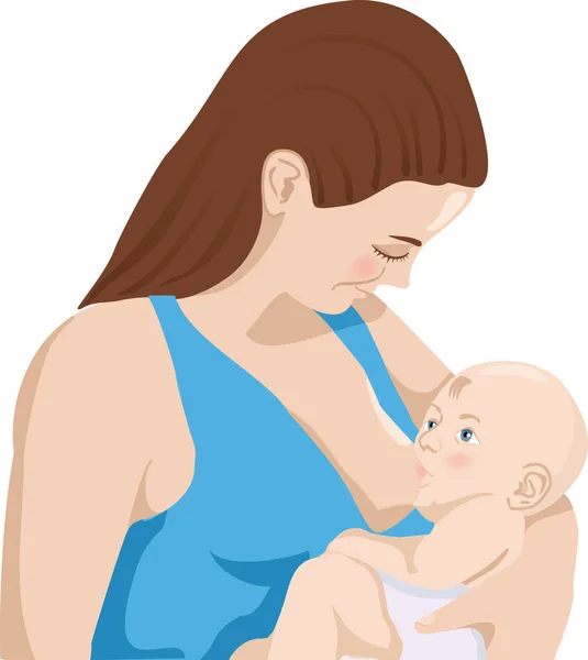 母は赤ん坊に乳房を与える 母乳育児位置 快適なポーズ 母乳育児コンセプトのフラットデザインイラスト 赤ちゃんを養う漫画キャラクターの母 — ストックベクタ