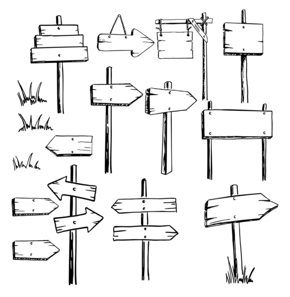 Ilustração Desenhada Mão Sinais Estrada Madeira Doodle Setas — Vetor de Stock