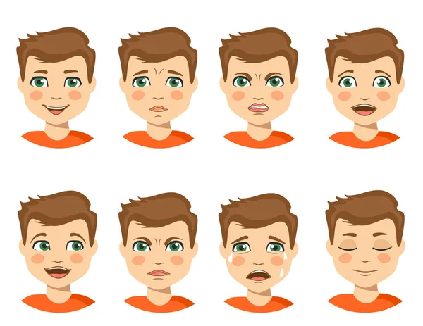 Set Boy Emotions Schoolboy Portrait Avatars Variety Emotions Teen Guy — Stock Vector