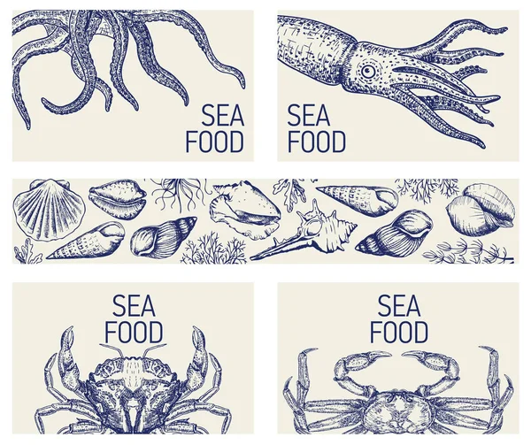 Vektor Havs Mat Illustration Seafood Banner Mall Set Handritad Illustration — Stock vektor