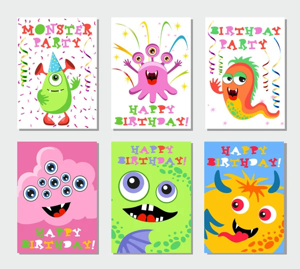 Birthday cards cute monster, vector illustration. Monster party card design. vector illustration. Set. Birthday greeting card with funny cute monsters.