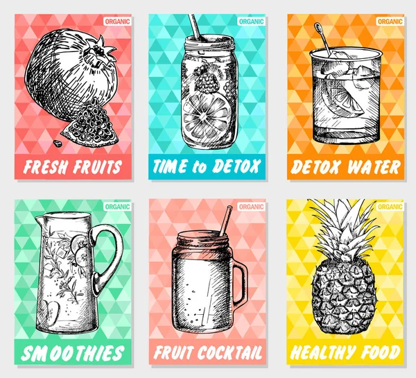 Set Colorful Healthy Food Posters Smoothies Fresh Fruit Detox Sketch — Stock Vector