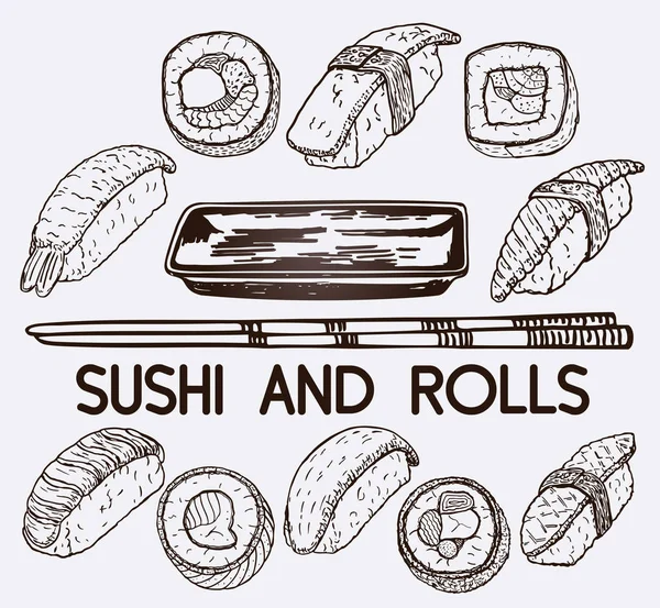 Sushi Rolls Hand Drawing Fresh Fish Rice Kecap Dengan Tongkat - Stok Vektor
