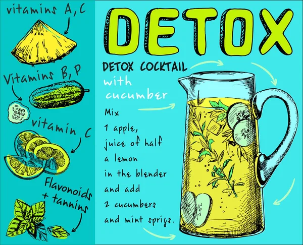 Woda Oczyszczona Detox Wody Ananasów Ogórków Grejpfrutów Koktajle Detox Koktajl — Wektor stockowy