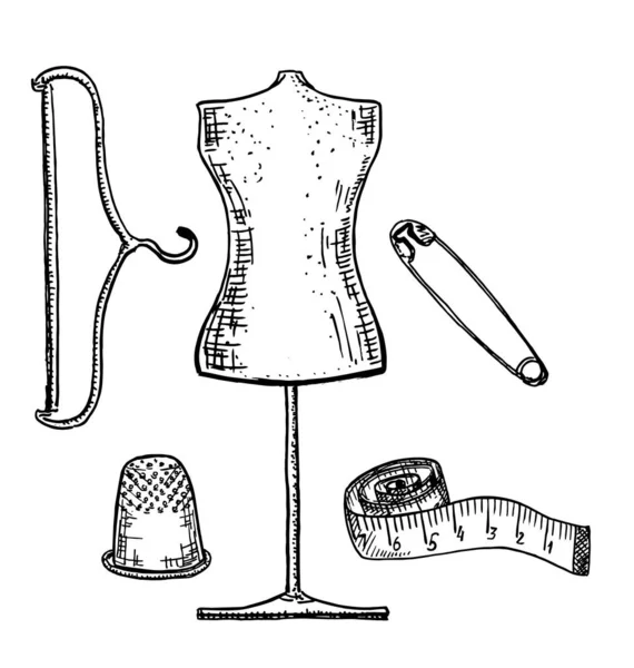Set Couture Dans Style Vintage Rétro Mannequin Ruban Centimètre Cintre — Image vectorielle