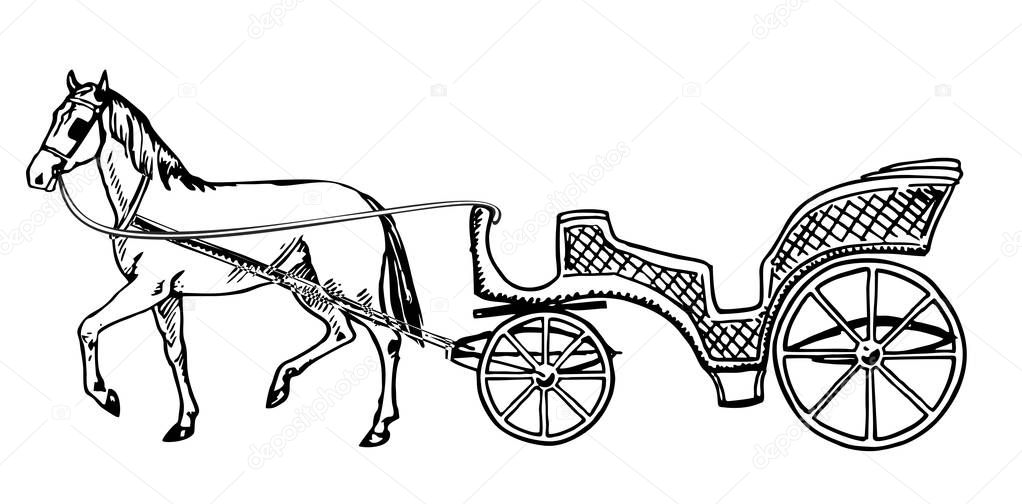 Vector illustration of vintage coach on white background. Horse carriage isolated on white background. vintage carriage silhouette with horse. Can use for birthday card, wedding invitations