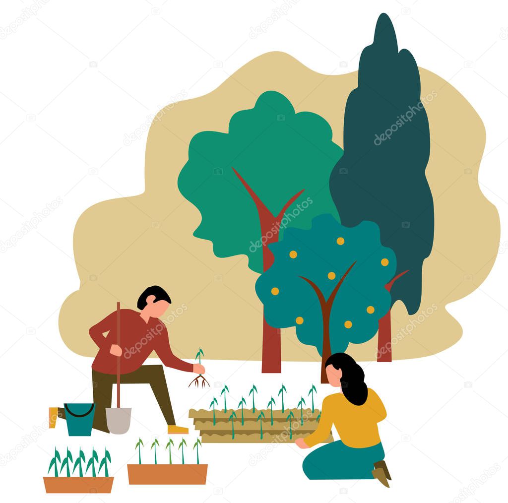 gricultural workers planting crops. Farmers plant crops in the spring. Flat cartoon vector illustration