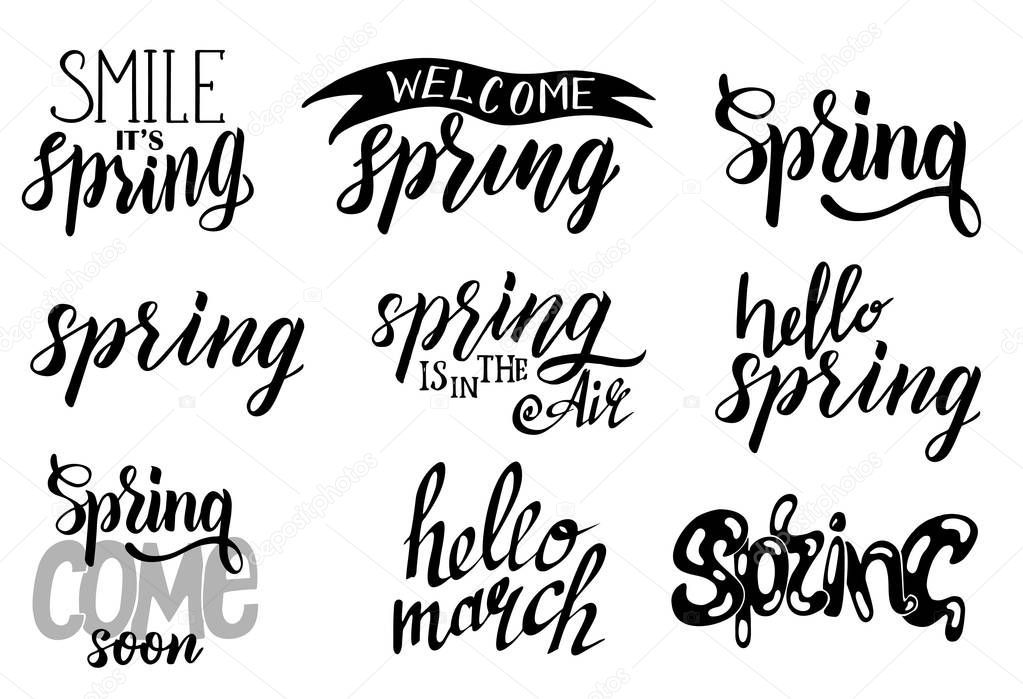 Vector illustration of spring lettering isolated set with decorative elements. Spring time lettering greeting cards set special springtime sale typography poster. Spring lettering design