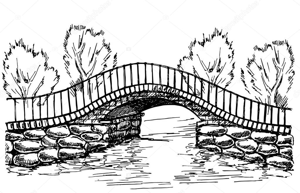 Bridge landscape sketch. Stone bridge over river