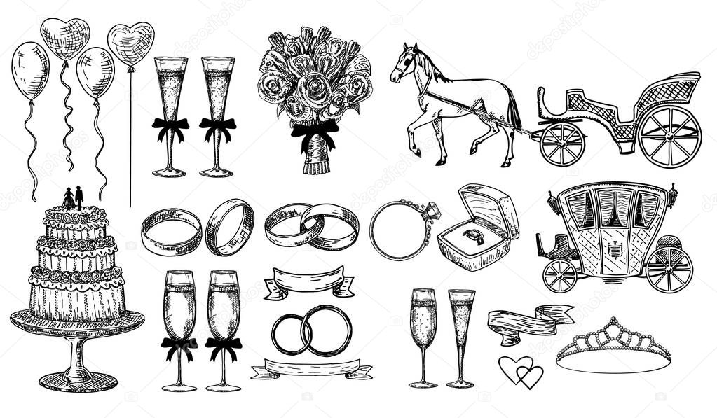 Large set of wedding elements. Sketch style. Wedding cake, wedding rings, wedding carriage with a horse.