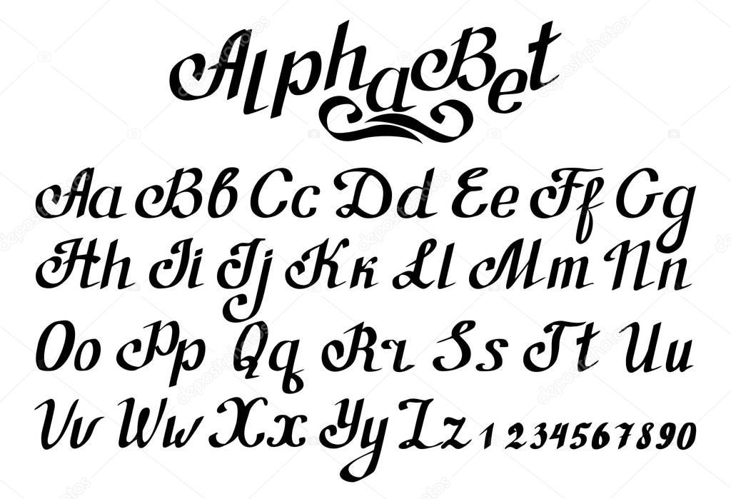 The alphabet in calligraphy brush. Hand drawn brush ink vector ABC upper and lower case letters set.