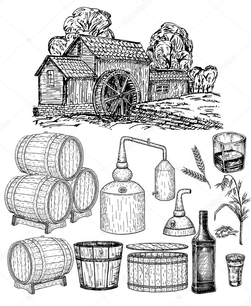 Distillery. Vector hand drawn whisky production elements. Whiskey production process. Making alcohol inside distillery, destilling spirits sketch. Distillery big set. Wooden barrel with whiskey. 