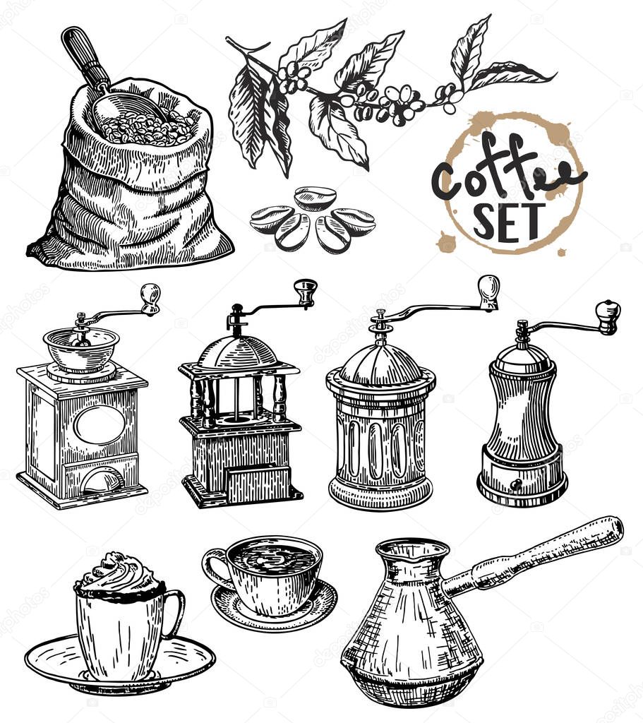 Hand drawn sketch vintage coffee set. Vector illustration. Menu design for cafe and restaurant
