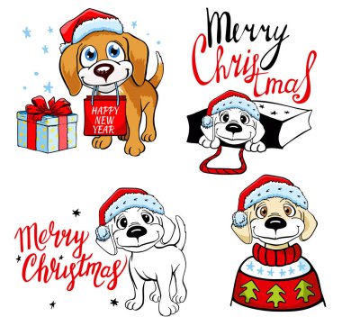 Köpeklerin Noel görüntüleri. Yeni yıl köpeği. Noel Baba şapkalı köpek. Vektör çizimi 