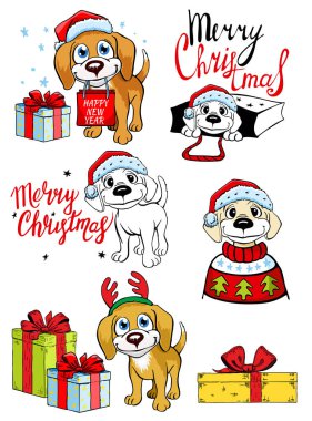 Köpeklerin Noel görüntüleri. Yeni yıl köpeği. Noel Baba şapkalı köpek. Vektör çizimi 