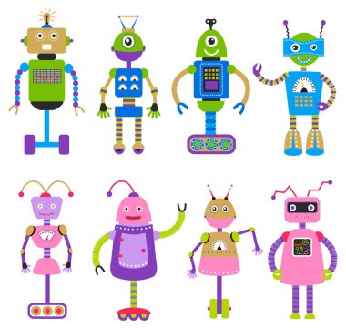 erkek ve kadın robotlar kümesi, sadece vektör illüstrasyon 