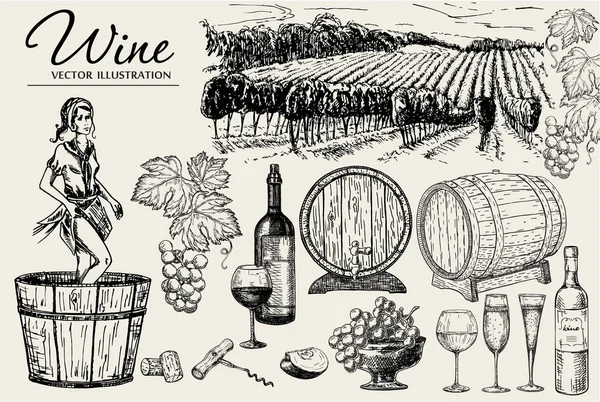 Conjunto Botellas Vino Barriles Copas Simplemente Ilustración Vectorial — Archivo Imágenes Vectoriales