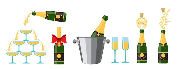 Elementi da festa Champagnes. Si stanno aprendo diverse bottiglie di champagne — Vettoriale Stock
