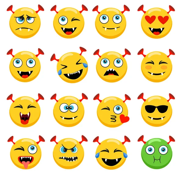 El monstruo se enfrenta a emoticonos. Vector de dibujos animados divertido enojado y sonrisa emojis de dibujos animados — Archivo Imágenes Vectoriales
