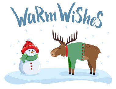 Sevimli geyik ve kardan adam düz renk illüstrasyon.n