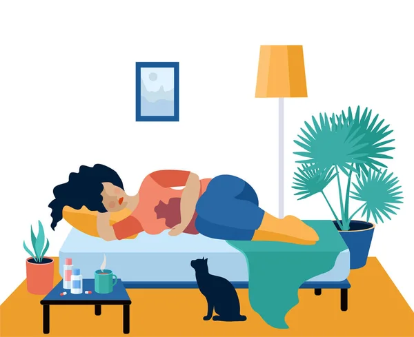 Femme malade au lit. personne à la maison avec thermomètre de mesure — Image vectorielle