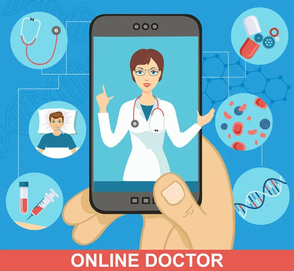 App medico online. Consulenza sanitaria online tramite smartphone. Il medico prescrive il trattamento online . — Vettoriale Stock