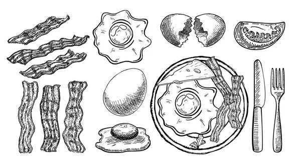 Englisches Frühstück mit Spiegeleiern, Speck, Käse, Tomaten auf dem Teller, Gabel und Messer. eingestellt — Stockvektor