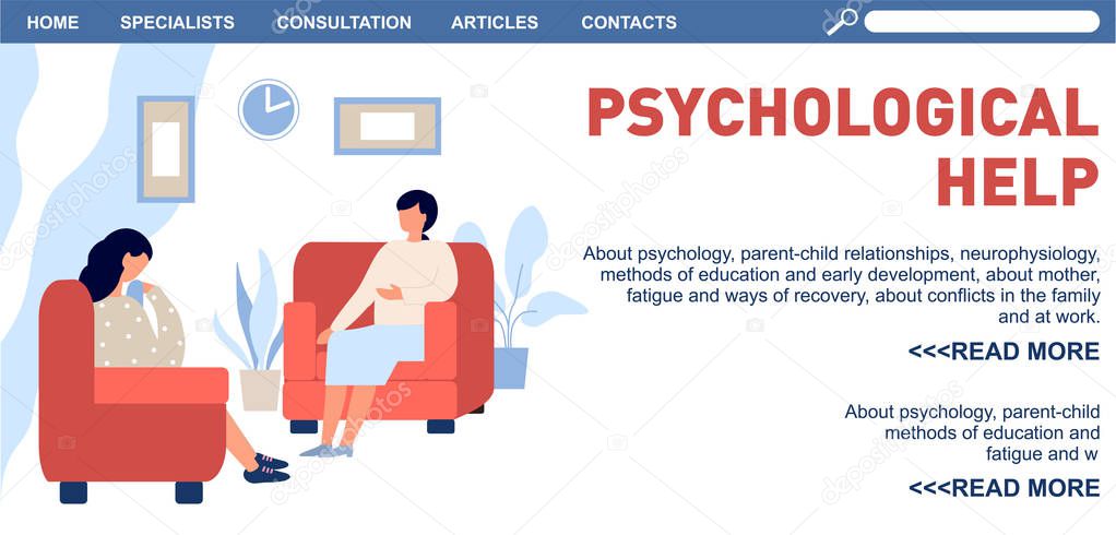 Psychotherapy landing page. Psychologist and patient vector illustration. Psychological help