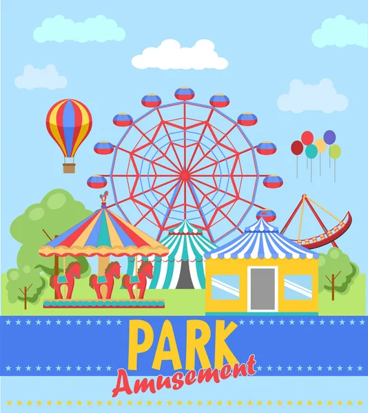 Cartaz do parque de diversões. Roda gigante e montanha-russa —  Vetores de Stock