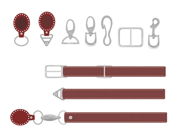 Ledergürtel mit Karabinerverschluss Sammlungsvektorset. Haken-Zubehör für Link-Illustration — Stockvektor
