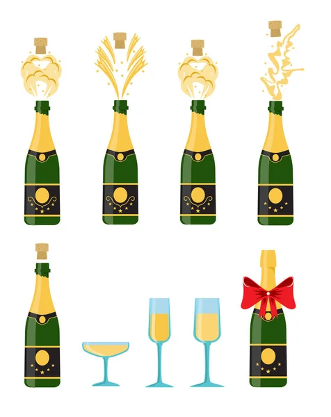 Si stanno aprendo diverse bottiglie di champagne, illustrazione vettoriale. Bottiglie e bicchieri — Vettoriale Stock