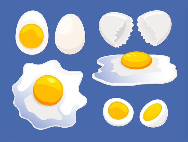 Uova intere e rotte, ingredienti per la colazione, illustrazione vettoriale — Vettoriale Stock