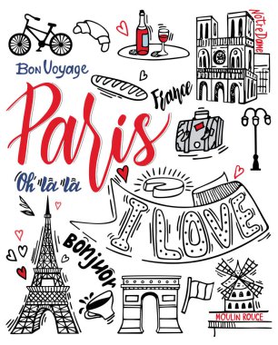 Paris çizim illüstrasyon. El çizilmiş Fransız simgeleri kümesi, Paris çizim illüstrasyon, karalama elemanları
