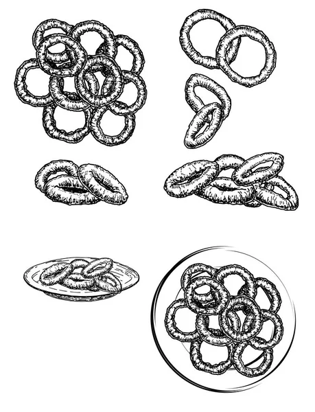 Esbozo de aros asados de cebolla. Calle comida rápida vector ilustraciones colección — Archivo Imágenes Vectoriales