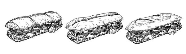 Sub smörgås med korv, ost, sallad och tomat. Lång smörgås set — Stock vektor
