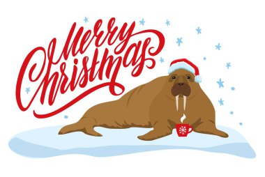 Sevimli mors ile Mutlu Noel kartı. Mutlu Noeller baskı.