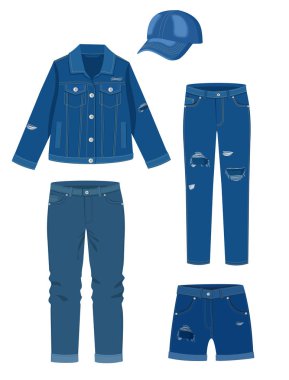 Kot pantolon. Moda yırtık kot, günlük kıyafet vektör illüstrasyonu, Denim ceket, gömlek, şapka